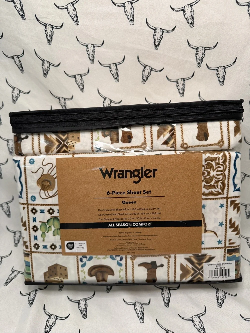 Wrangler Queen Sheet Set in Cream, Brown & Green with Blue Accents